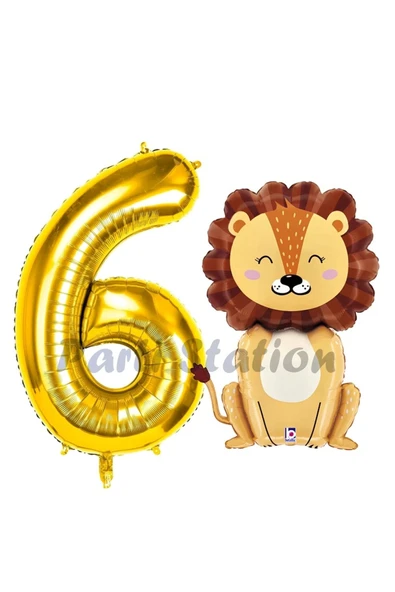 Aslan Balon 6 Yaş Balon Set Safari Konsept Aslan Balon ve Gold Renk Rakam Balon ürün görseli 1