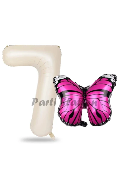 Pembe Kelebek Balon 7 Yaş Balon Set Kelebek Konsept Balon ve Krem Renk Rakam Balon ürün görseli 1