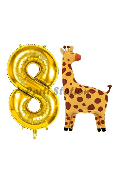 Safari Zürafa Balon 8 Yaş Balon Set Safari Konsept Sevimli Zürafa Balon ve Gold Renk Rakam Balon ürün görseli 1