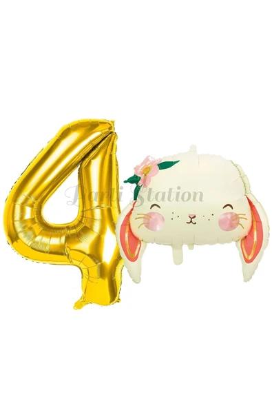 Sevimli Tavşan 4 Yaş Balon Set Woodland Hayvanlar Konsept Tavşan Balon ve Gold Renk Rakam Balon ürün görseli 1