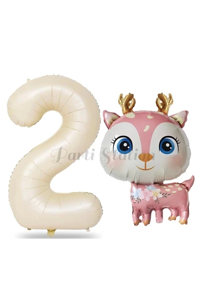 Sevimli Geyik 2 Yaş Balon Set Ceylan Balon Woodland Konsept Geyik Balon ve Krem Renk Rakam Balon ürün görseli 1