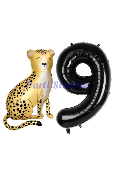 Safari Çita Balon 9 Yaş Balon Set Safari Konsept Çita Balon ve Siyah Renk Rakam Balon ürün görseli 1