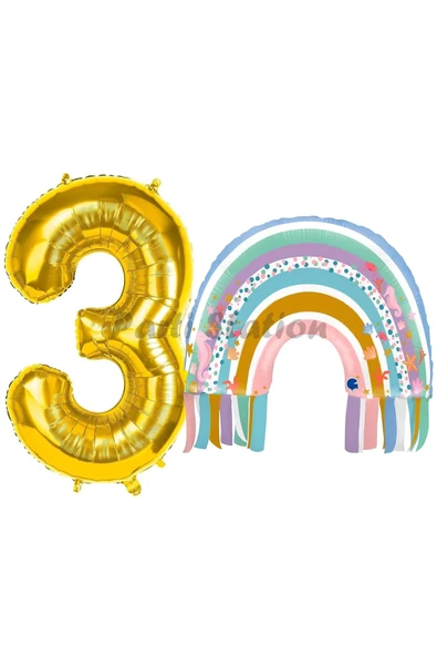 Gökkuşağı 3 Yaş Balon Set Mermaid Rainbow Konsept Balon ve Gold Rakam Balon ürün görseli 1