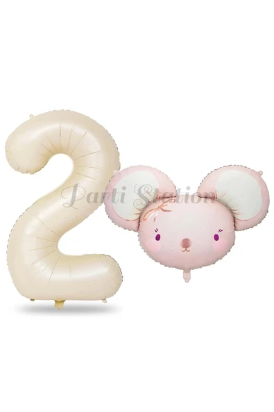 Pink Mouse 2 Yaş Balon Set Sevimli Pembe Fare Konsept Balon ve Rengarenk Rakam Balon Hamster Balon ürün görseli 1