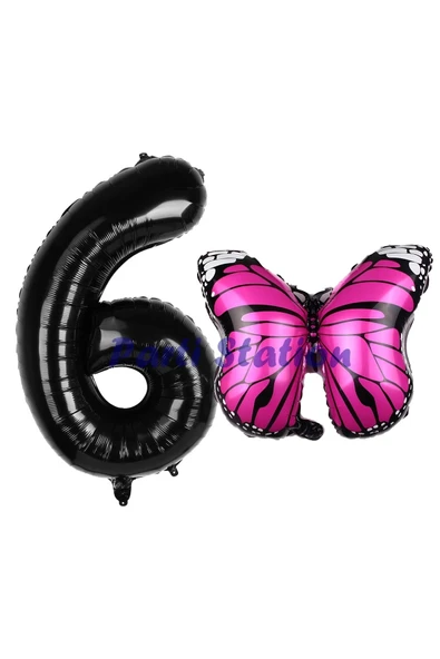 Pembe Kelebek Balon 6 Yaş Balon Set Kelebek Konsept Balon ve Siyah Renk Rakam Balon ürün görseli 1