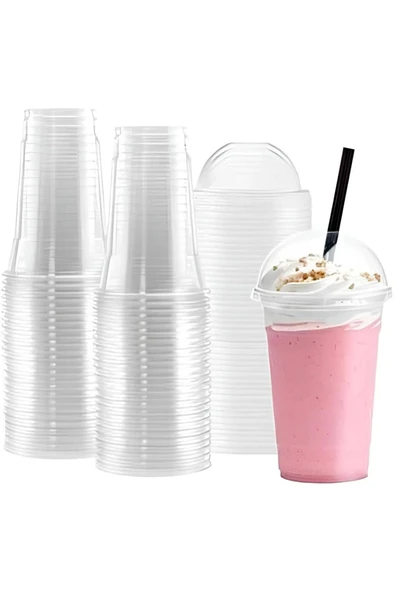Plastik Şeffaf Bardak Kapaklı Milkshake Bardağı Kahve Bardağı Soğuk Içecek Bardağı 400ml 100 Adet ürün görseli 1