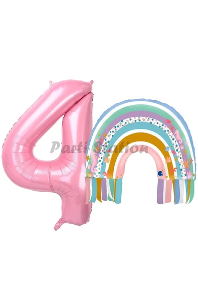 Gökkuşağı 4 Yaş Balon Set Mermaid Rainbow Konsept Balon ve Pembe Rakam Balon ürün görseli 1