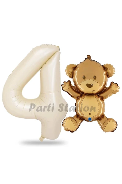Sevimli Ayıcık Balon 4 Yaş Balon Set Woodland Konsept Ayı Balon ve Gold Renk Rakam Balon ürün görseli 1