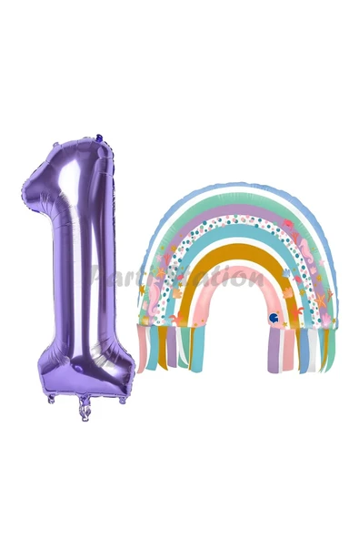 Gökkuşağı 1 Yaş Balon Set Mermaid Rainbow Konsept Balon ve Mor Rakam Balon ürün görseli 1