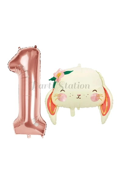 Sevimli Tavşan 1 Yaş Balon Set Woodland Hayvanlar Konsept Tavşan Balon ve Rosegold Renk Rakam Balon ürün görseli 1