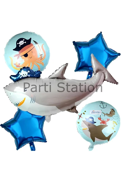 Korsan Köpek Balığı Balon Set Korsan Shark Konsept Doğum Günü Folyo Balon Set ürün görseli 1