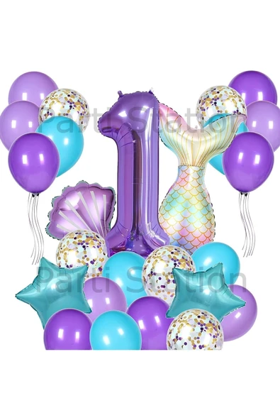 Mor Deniz Kızı Konsept 1 Yaş Balon Set Deniz Kızı Mermaid Tema Doğum Günü Folyo Balon Set ürün görseli 1