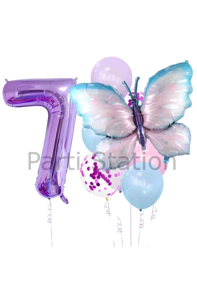 Mavi Pembe  Kelebek 7 Yaş Mor Rakam Balon Set Kelebek Konsept Doğum Günü Balon Set ürün görseli 1