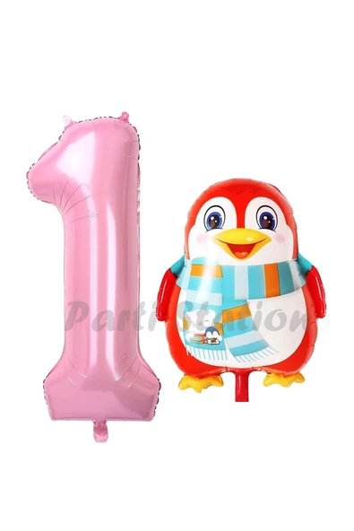 Sevimli Penguen Balon 1 Yaş Doğum Günü Balon Set Penguen Konsept ve Pembe Renk Rakam Balon ürün görseli 1