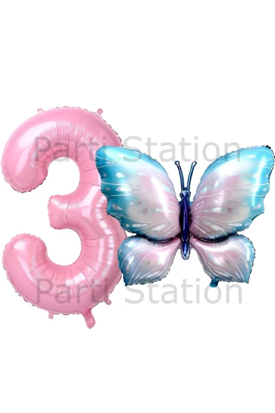 Pembe Mavi Kelebek ve Pembe Rakam Balon 3 Yaş Balon Set Kelebek Konsept Doğum Günü Folyo Balon Set ürün görseli 1