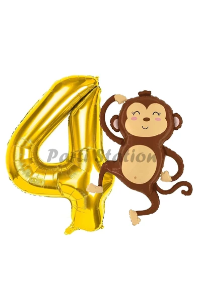 Safari Maymun Balon 4 Yaş Balon Set Safari Konsept Sevimli Maymun Balon ve Gold Renk Rakam Balon ürün görseli 1