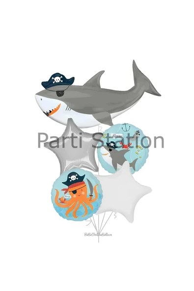 Korsan Köpek Balığı Balon Set Pirate Shark Tema Doğum Günü Folyo Balon Set ürün görseli 1