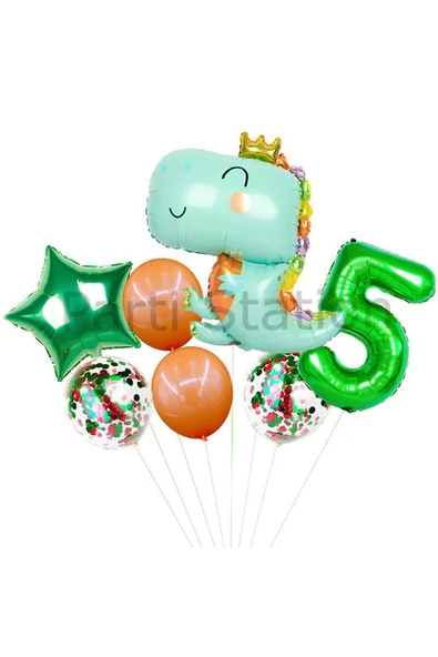 Sevimli Dinozor Konsept Yeşil  5 Yaş Balon Set Jurassic Dinozor Tema Doğum Günü Folyo Balon Set ürün görseli 1