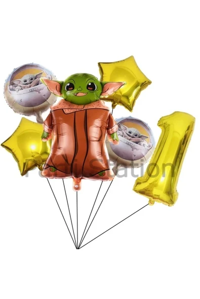 Star Wars Yoda 1 Yaş Altın Rakam Balon Set Yıldız Savaşları Yoda Konsept Doğum Günü Balon Set ürün görseli 1
