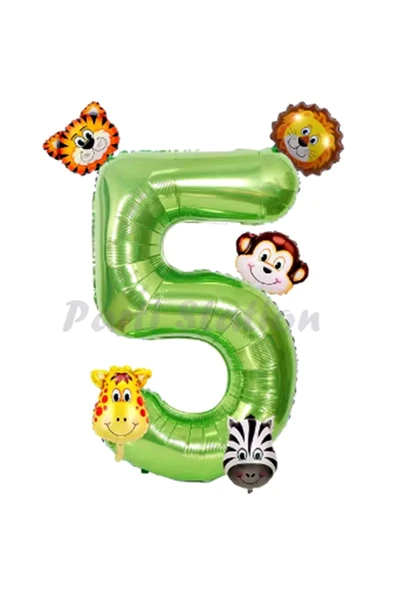 Safari Hayvanlar 6'lı Balon Set 5 Yaş Doğum Günü Balon Set Safari Konsept ve Yeşil Rakam Balon ürün görseli 1