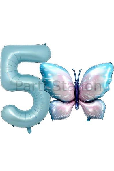 Pembe Mavi Kelebek ve Mavi Rakam Balon 5 Yaş Balon Set Kelebek Konsept Doğum Günü Folyo Balon Set ürün görseli 1