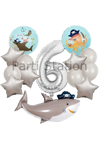 Korsan Tema Köpek Balığı Konsept 6 Yaş Balon Set Korsan Shark Tema Doğum Günü Folyo Balon Set ürün görseli 1
