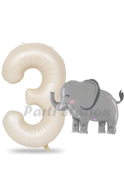 Sevimli Fil Balon 3 Yaş Doğum Günü Balon Set Safari Konsept Fil Balon ve Krem Renk Rakam Balon ürün görseli 1