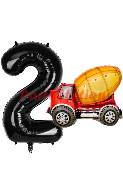 İnşaat Mikser Kamyonu Balon 2 Yaş Doğum Günü Balon Set İş Makinaları Konsept ve Siyah Rakam Balon ürün görseli 1