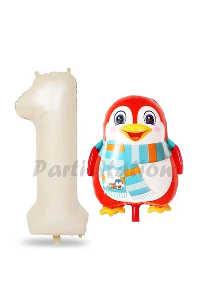 Sevimli Penguen Balon 1 Yaş Doğum Günü Balon Set Penguen Konsept ve Krem Renk Rakam Balon ürün görseli 1