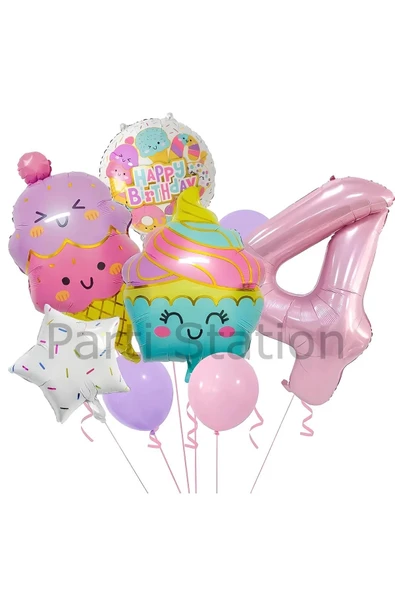 Cupcake Dondurma 4 Yaş Balon Set Şeker Dondurma Candy Balon İce Cream Konsept Doğum Günü Balon Set ürün görseli 1