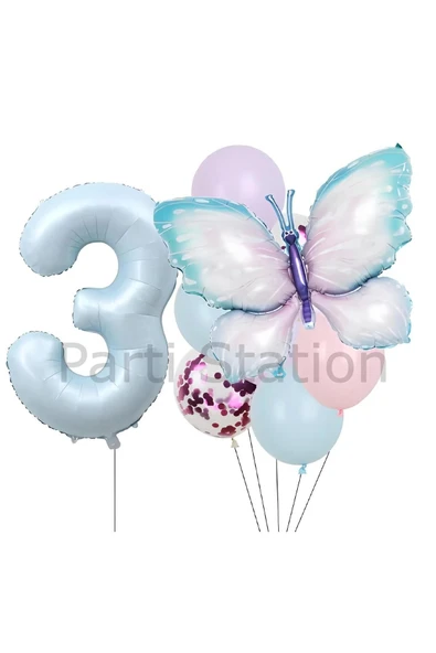 Pembe Mavi Kelebek 3 Yaş Balon Set Kelebek Konsept Doğum Günü Balon Balon Set ürün görseli 1