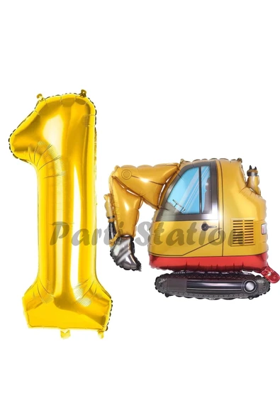 İnşaat Kepçe Kamyon Balon 1 Yaş Doğum Günü Balon Set İş Makinaları Konsept ve Gold Rakam Balon ürün görseli 1