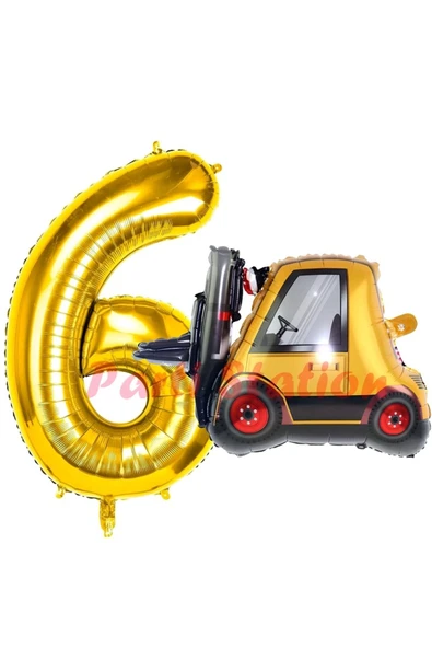 İnşaat Forklift Kamyonu Balon 6 Yaş Doğum Günü Balon Set İş Makinaları Konsept ve Gold Rakam Balon ürün görseli 1