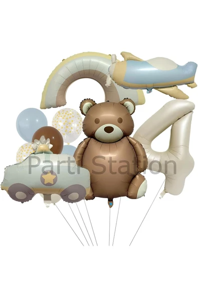Retro Ayıcık Polis Arabası Gökkuşağı Uçak Konsept 4 Yaş Balon Set Retro Konsept Doğum Günü Balon Set ürün görseli 1