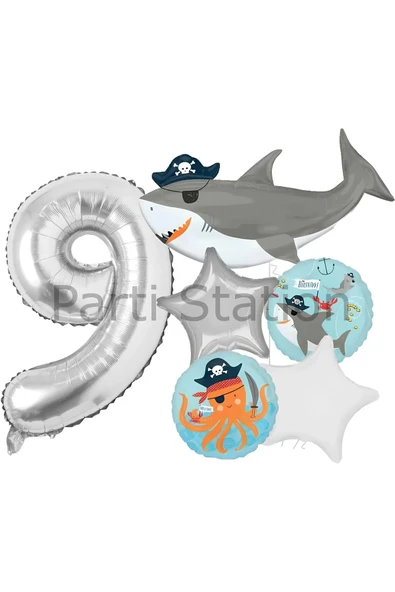 Korsan Tema Köpek Balığı Konsept 9 Yaş Balon Set Köpek Balığı Tema Doğum Günü Folyo Balon Set ürün görseli 1