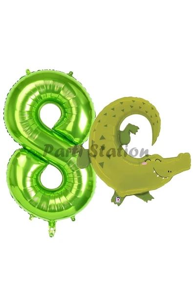 Safari Timsah Balon 8 Yaş Doğum Günü Balon Set Safari Konsept Timsah Balon ve Yeşil Renk Rakam Balon ürün görseli 1