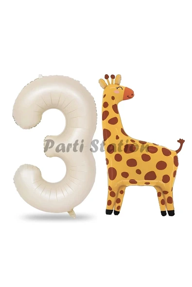 Safari Zürafa Balon 3 Yaş Balon Set Safari Konsept Sevimli Zürafa Balon ve Krem Renk Rakam Balon ürün görseli 1