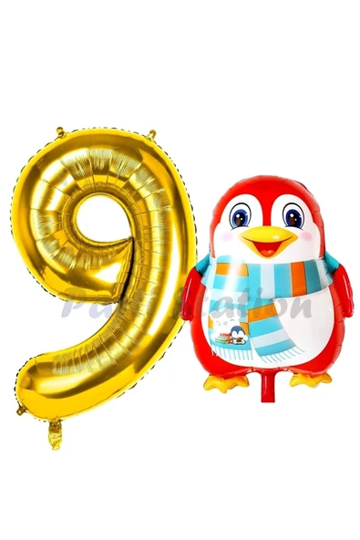 Sevimli Penguen Balon 9 Yaş Doğum Günü Balon Set Penguen Konsept ve Gold Renk Rakam Balon ürün görseli 1