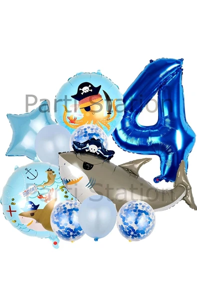 Korsan Köpek Balığı Konsept 4 Yaş Balon Set Korsan Shark Tema Doğum Günü Folyo Balon Set ürün görseli 1