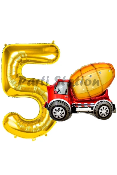 İnşaat Mikser Kamyonu Balon 5 Yaş Doğum Günü Balon Set İş Makinaları Konsept ve Gold Rakam Balon ürün görseli 1