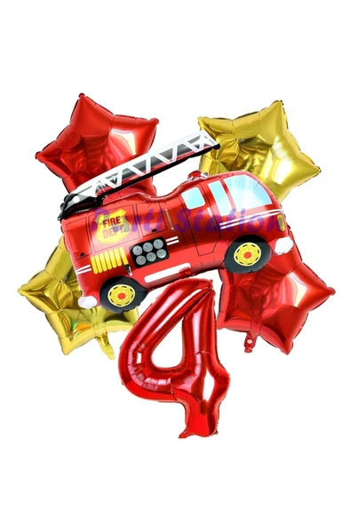 İtfaiye Fireman Balon 4 Yaş Doğum Günü Balon Set Araçlar Konsept İtfaiye Balon ve Rakam Balon ürün görseli 1