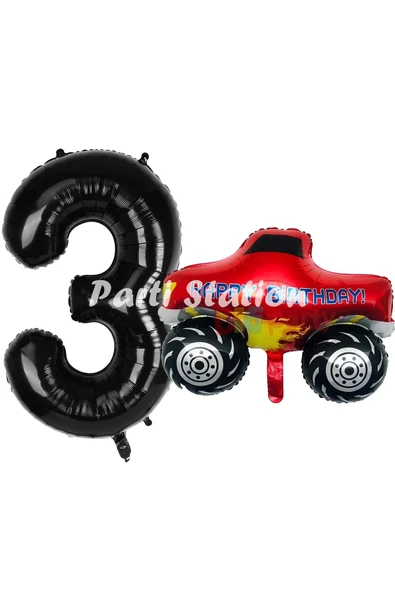 Canavar Kamyon Pikap 3 Yaş Balon Set Arabalar Konsept Canavar Kamyon Balon ve Siyah Renk Rakam Balon ürün görseli 1