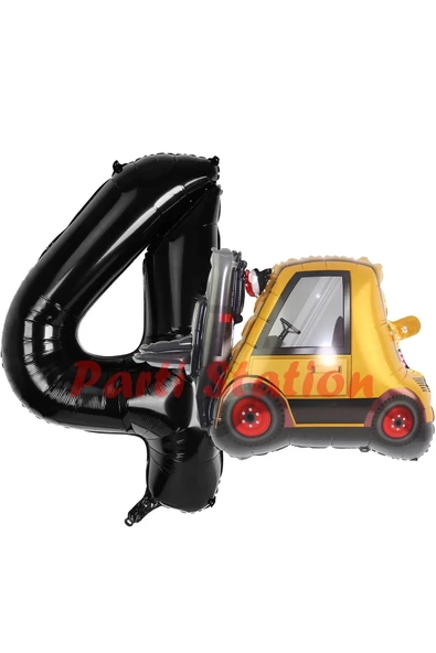 İnşaat Forklift Kamyonu Balon 4 Yaş Doğum Günü Balon Set İş Makinaları Konsept ve Siyah Rakam Balon ürün görseli 1