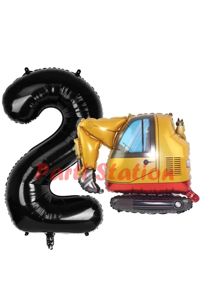 İnşaat Kepçe Kamyon Balon 2 Yaş Doğum Günü Balon Set İş Makinaları Konsept ve Siyah Rakam Balon ürün görseli 1