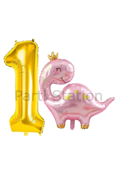 Pembe Dinozor 1 Yaş Gold Renk Rakam Balon Set Sevimli Pembe Dinozor Konsept Doğum Günü Balon Set ürün görseli 1