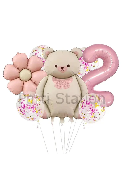 Sevimli Ayıcık 2 Yaş Balon Set Retro Pembe Ayıcık Konsept Doğum Günü Set ürün görseli 1