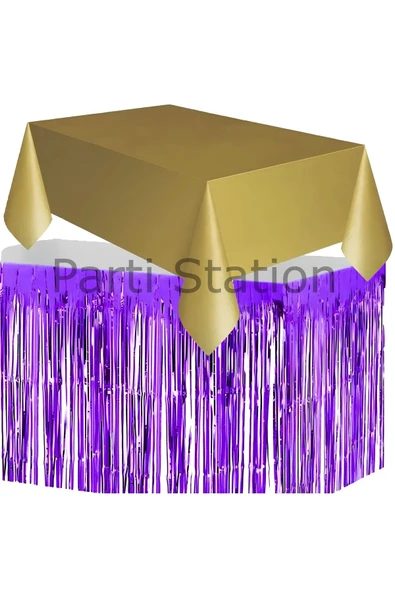 Masa Örtüsü ve Masa Eteği Set Plastik Gold Altın Renk Masa Örtüsü Mor Renk Metalize Masa Eteği Set ürün görseli 1