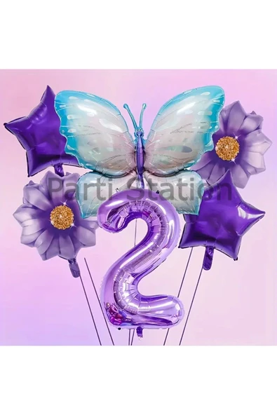 Mor Kelebek 2 Yaş Balon Set Mor Papatya Kelebek Konsept Doğum Günü Balon Set ürün görseli 1