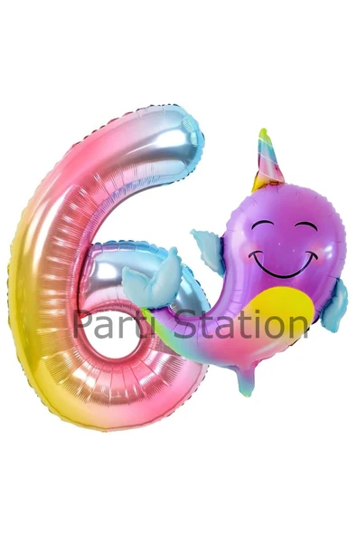 Unicorn Balina Balon 6 Yaş Set Okyanus Konsept Unicorn Yunus Balığı ve Renkli Rakam Balon Set ürün görseli 1