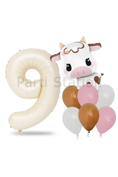 Safari Konsept Sevimli İnek ve Krem Renk Rakam Balon 1 Yaş Set Safari İnek Konsept Doğum Günü Balon ürün görseli 1